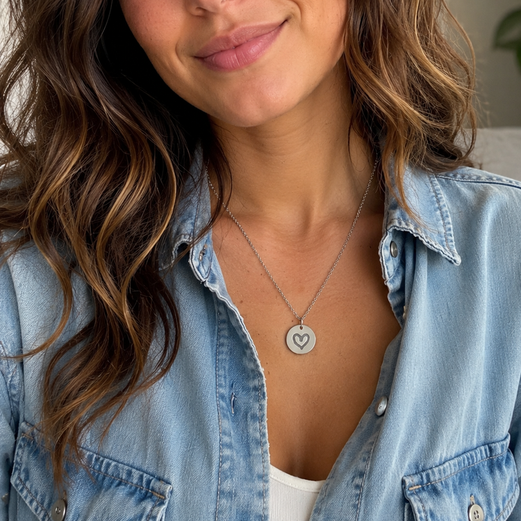 Woman wearing a necklace featuring an engrave personalised heart pendant.