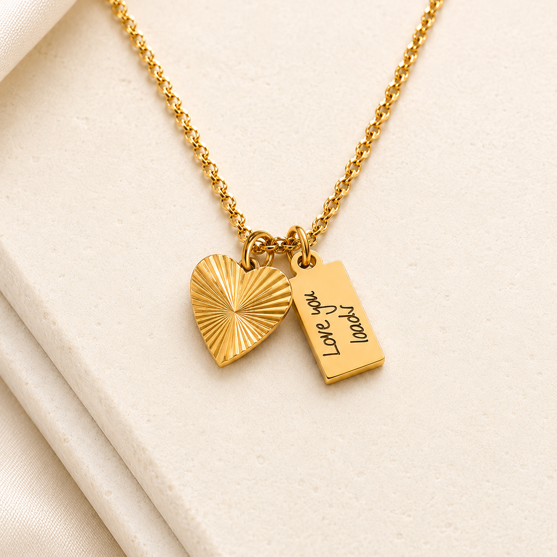 Handwriting Necklace with little square Tag and Sunburst Heart Charm