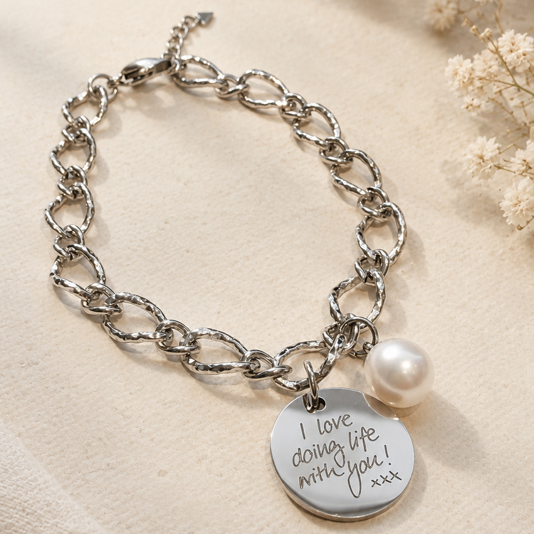 Silver chunky chain bracelet with a disc engraved with handwritten 'I love doing life with you' and a pearl
