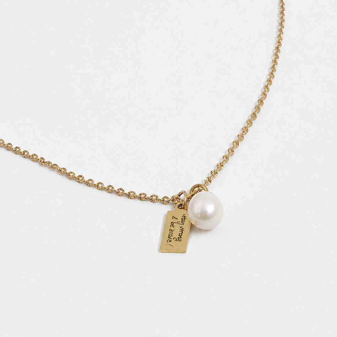 Luxe Handwriting Necklace with little square Tag and Natural Pearl Charm