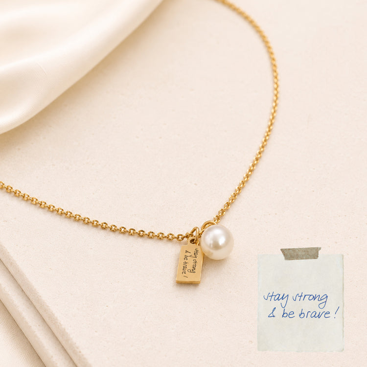 Personalised Gold necklace with a pearl pendant and engraved tag