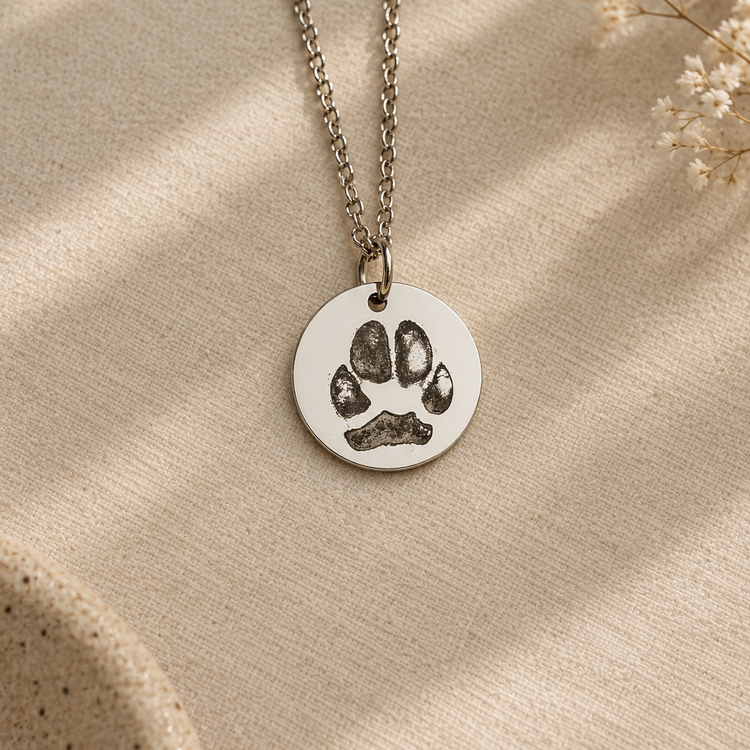 Silver round pendant engraved with a pet paw print on a dainty chain