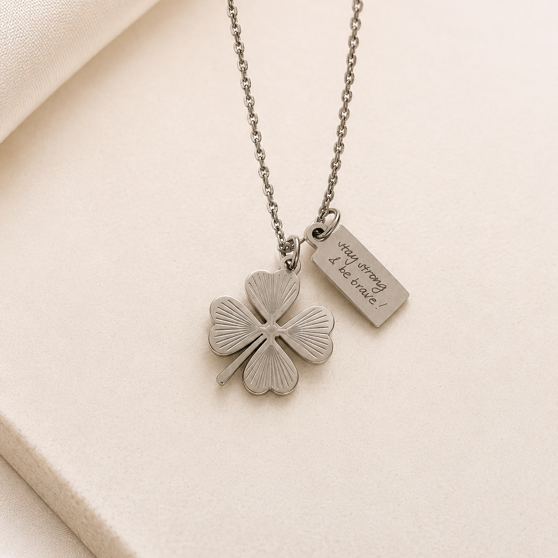 Handwriting Necklace with little square Tag and Lucky Clover Charm