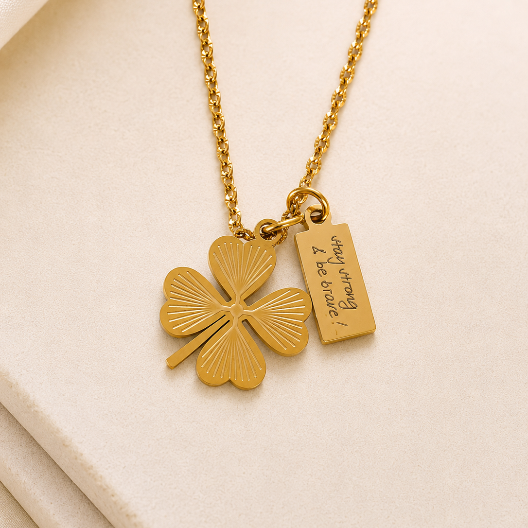 Handwriting Necklace with little square Tag and Lucky Clover Charm