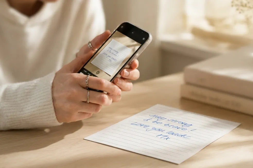 A person photographing a handwritten note with a smartphone to upload for custom jewellery engraving
