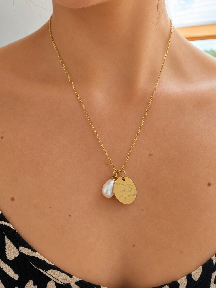 Personalised handwriting necklace with pearl worn around the neck