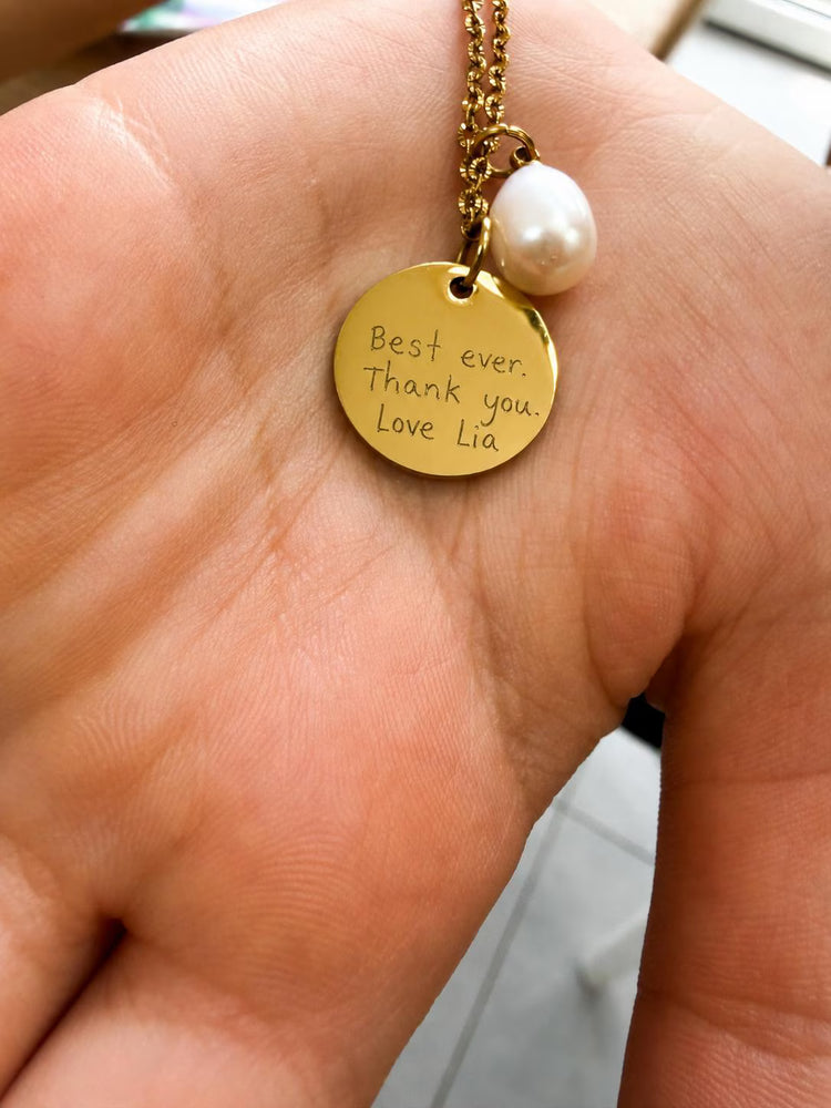 Personalised handwriting necklace in hand
