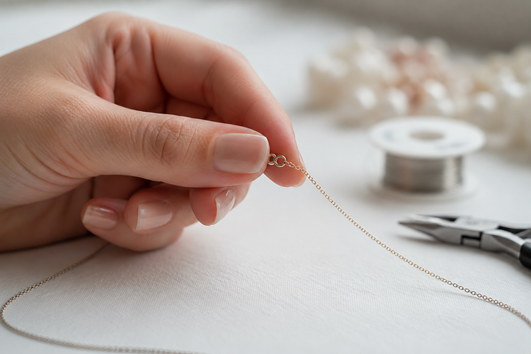 Hand holding a delicate gold chain with scissors and spool of wire in the background