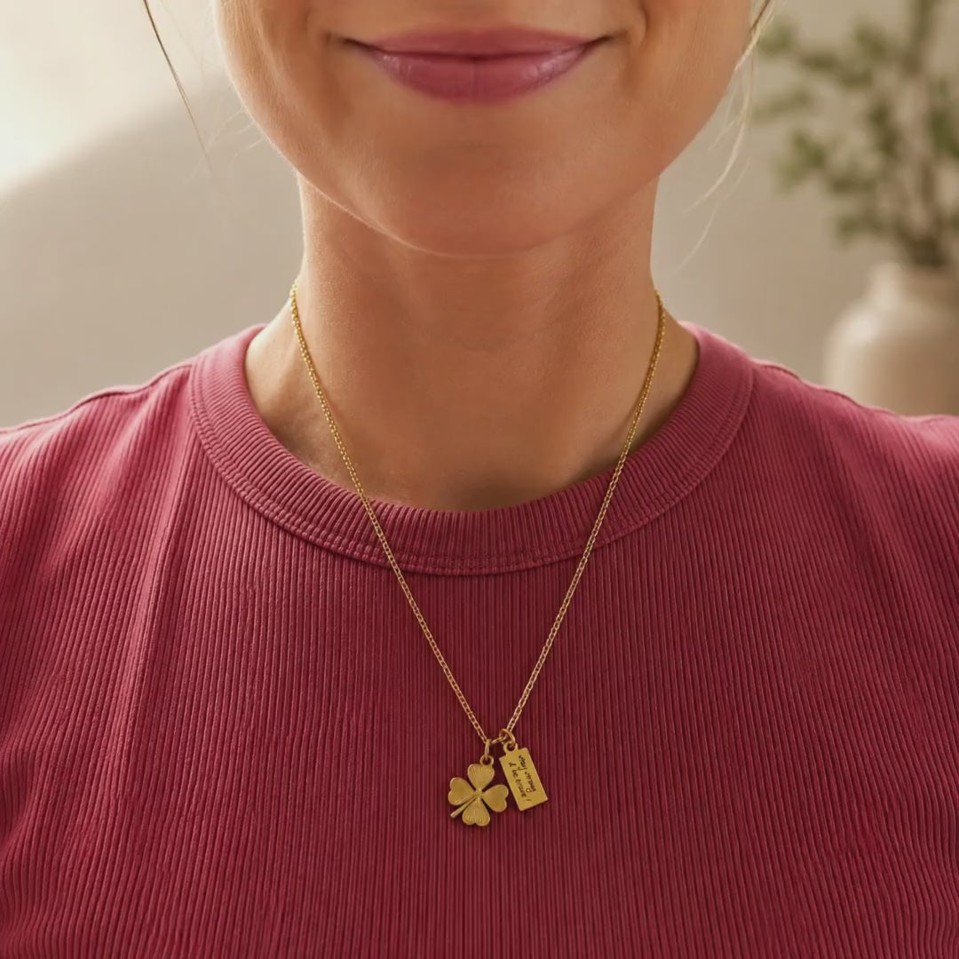 Handwriting Necklace with little square Tag and Lucky Clover Charm