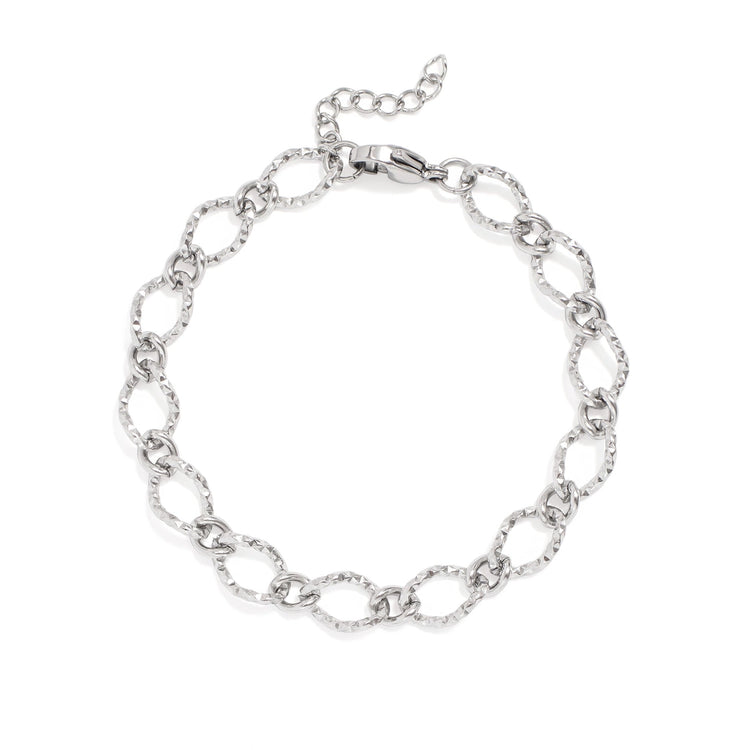 Silver textured oval link chain bracelet for engraved charms